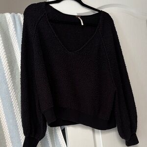 Free People Black V-Neck Bouclé Pullover Sweater